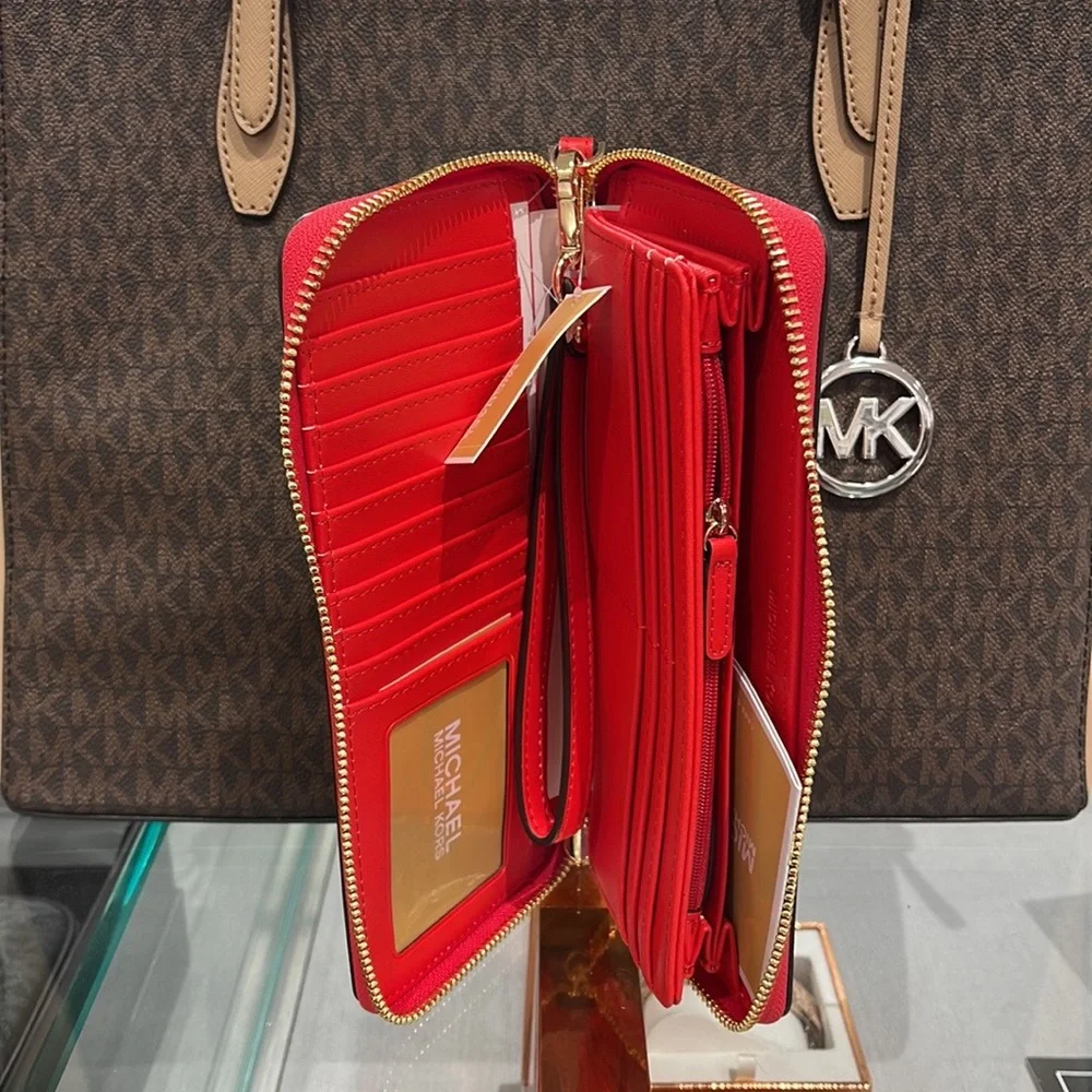 MICHAEL KORS Leather Continental Phone Holder Wristlet Wallet Dark Sungria NWT